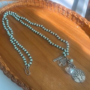 Aqua beaded Necklace with silver tree pendant with jewel ~ Adjustable